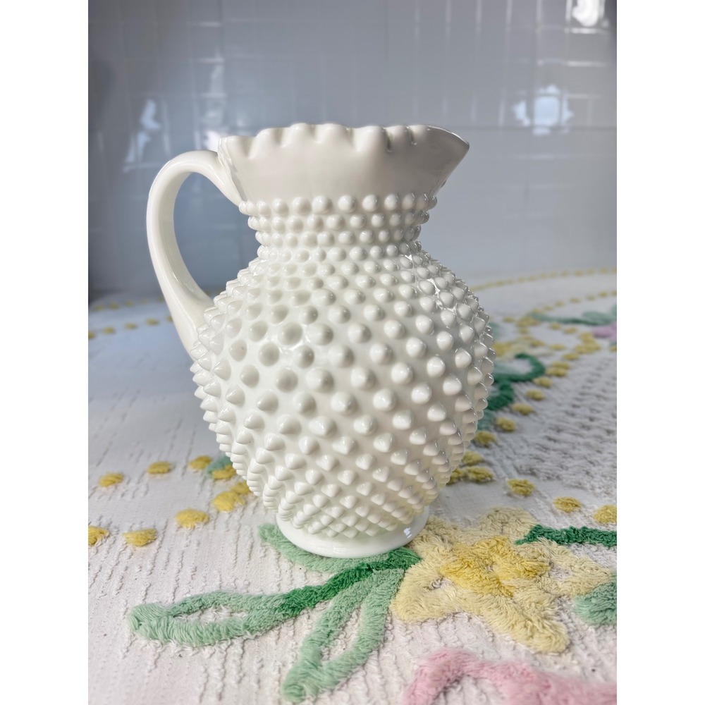 Fenton White Milk Glass Hobnail Pitcher Ruffled Rim Vintage Mid Century 6 inch